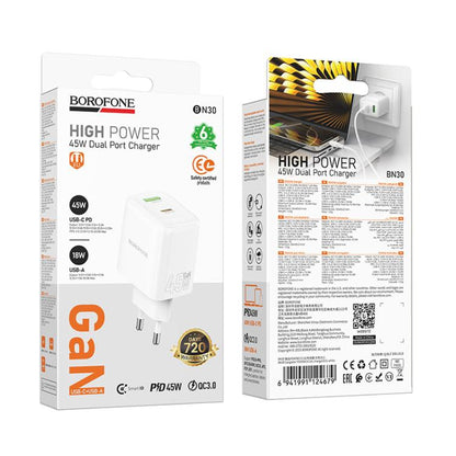Borofone BN30 Fuente PD45W Type-C + QC3.0 USB Charger, EU Plug