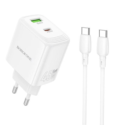 Borofone BN30 Fuente PD45W Type-C + QC 3.0 USB Charger with 1m Type-C to Type-C Cable, EU Plug