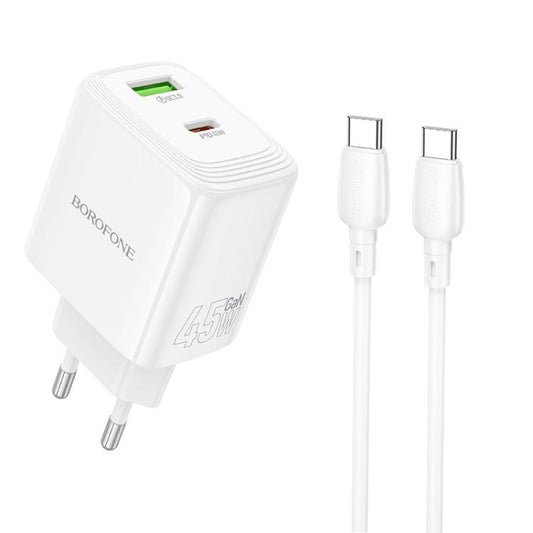 Borofone BN30 Fuente PD45W Type-C + QC 3.0 USB Charger with 1m Type-C to Type-C Cable, EU Plug