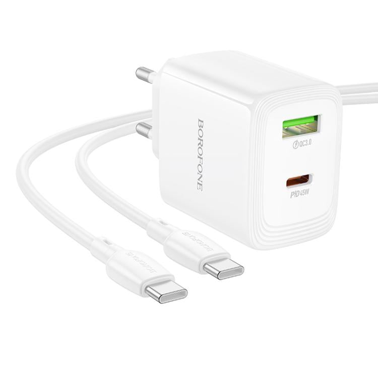 Borofone BN30 Fuente PD45W Type-C + QC 3.0 USB Charger with 1m Type-C to Type-C Cable, EU Plug