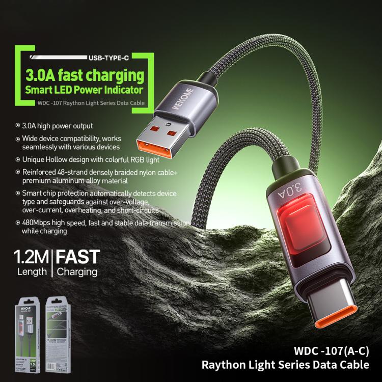 WK WDC-107 3A Intelligent Digital Display USB to Type-C Fast Charging Data Cable, Length: 1.2m