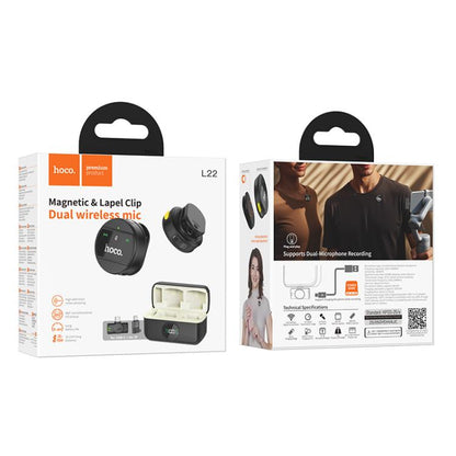 hoco L22 Bright Lavalier Magnetic Wireless Dual Microphone with Charging Case and Receiver