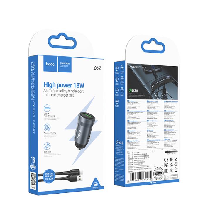 hoco Z62 Energy QC3.0 18W USB-A Single Port Car Charger Set with USB to Micro USB Cable