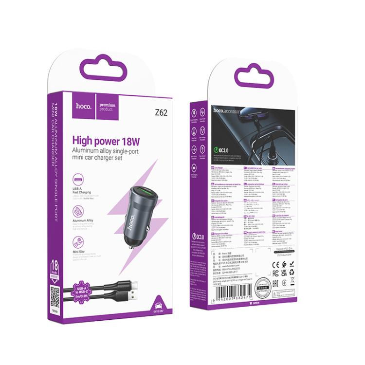 hoco Z62 Energy QC3.0 18W USB-A Single Port Car Charger Set with USB to USB-C / Type-C Cable