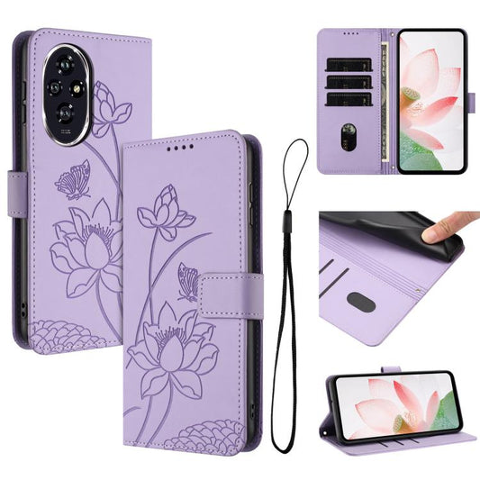 Lotus Embossed Leather Phone Case with Lanyard, For Honor 200, For Honor 200 Pro, For Honor 200 Lite Global, For Honor X7b 4G / 5G, For Honor X50 / X9b, For Honor X8b, For Honor 90 Lite / X50i, For Honor 90