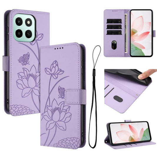 Lotus Embossed Leather Phone Case with Lanyard, For Honor 600 Smart 5G, For Honor 600 / 600 Pro Global, For Honor 600 Lite Global, For Honor X6d 5G, For Honor X8d 4G, For Honor X5c Plus, For Honor 400 Smart, For Honor X70 5G, For Honor X6c 4G