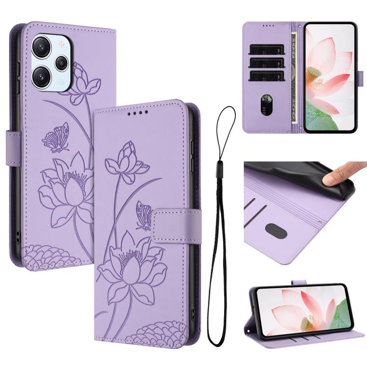 Lotus Embossed Leather Phone Case with Lanyard, For Redmi Note 13 Pro+ Global, For Redmi 12 4G/5G / Note 12R / Poco M6 Pro 5G, For Redmi Note 12 Turbo / Poco F5, For Redmi Note 12S 4G Global, For Redmi Note 12 Pro 4G Global, For Redmi Note 12 4G Global...