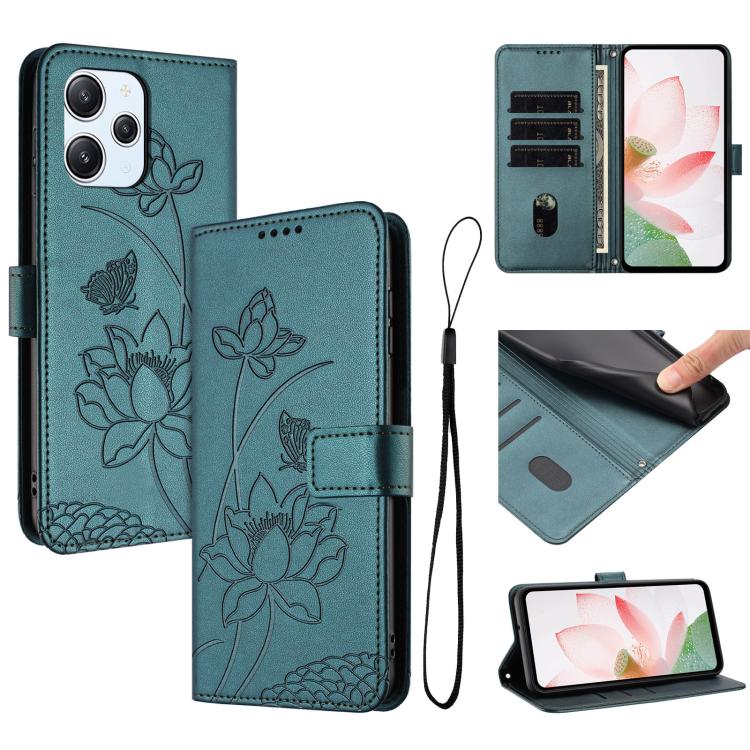 Lotus Embossed Leather Phone Case with Lanyard, For Redmi Note 13 Pro+ Global, For Redmi 12 4G/5G / Note 12R / Poco M6 Pro 5G, For Redmi Note 12 Turbo / Poco F5, For Redmi Note 12S 4G Global, For Redmi Note 12 Pro 4G Global, For Redmi Note 12 4G Global...