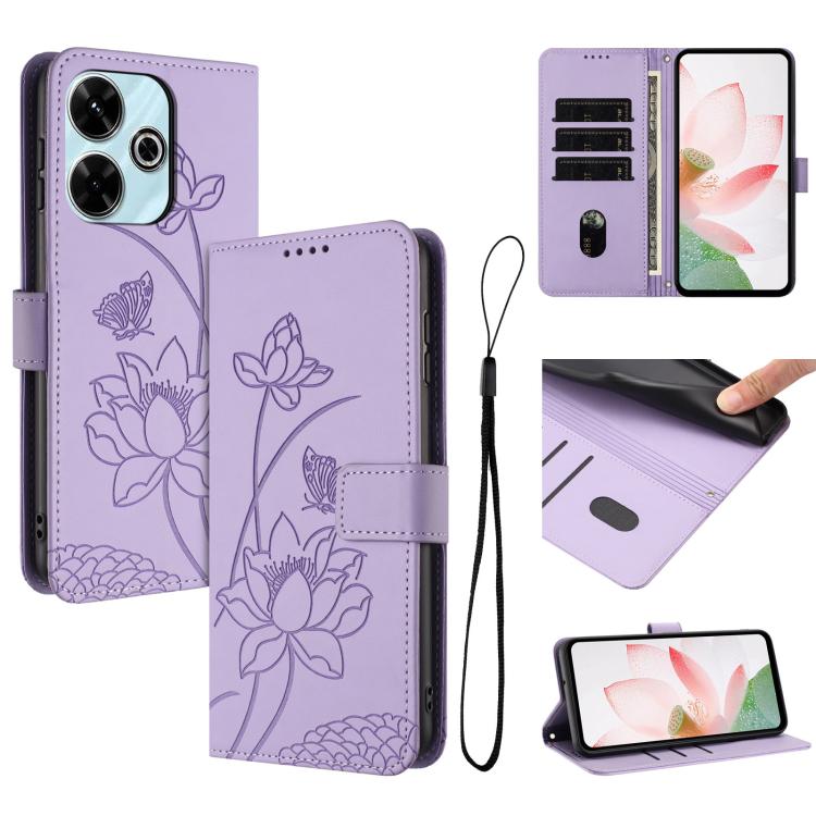 Lotus Embossed Leather Phone Case with Lanyard, For Redmi 15 5G / 4G EU 171mm, For Redmi 15C 5G/4G Global 171mm / Poco C85 4G, For Redmi 13 4G / 5G / Note 13R / Poco M6 4G, For Redmi A5 4G 171.7mm / Poco C71 4G                                          ...