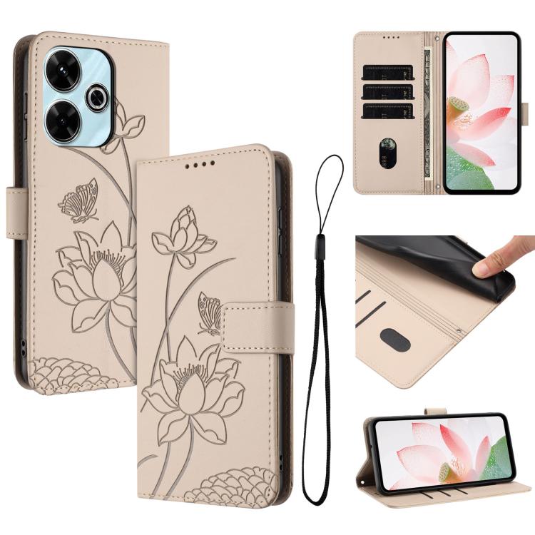Lotus Embossed Leather Phone Case with Lanyard, For Redmi 15 5G / 4G EU 171mm, For Redmi 15C 5G/4G Global 171mm / Poco C85 4G, For Redmi 13 4G / 5G / Note 13R / Poco M6 4G, For Redmi A5 4G 171.7mm / Poco C71 4G                                          ...