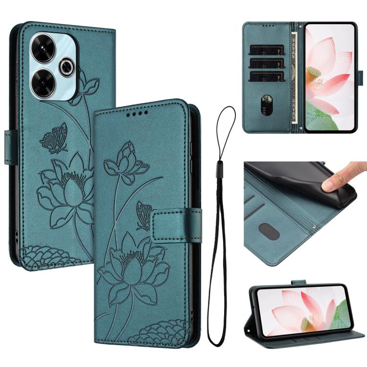 Lotus Embossed Leather Phone Case with Lanyard, For Redmi 15 5G / 4G EU 171mm, For Redmi 15C 5G/4G Global 171mm / Poco C85 4G, For Redmi 13 4G / 5G / Note 13R / Poco M6 4G, For Redmi A5 4G 171.7mm / Poco C71 4G                                          ...