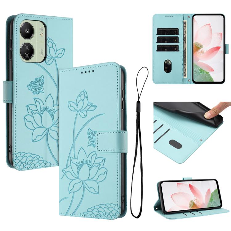 Lotus Embossed Leather Phone Case with Lanyard, For Redmi Note 13 Pro 4G / Note 14S 4G Global, For Redmi Note 14 4G EU 164.84mm, For Redmi Note 14 Pro 5G / 14 Pro+ 5G Global, For Redmi Note 14 5G Global / Poco M7 Pro 5G, For Redmi Turbo 4 Pro / Poco F5...