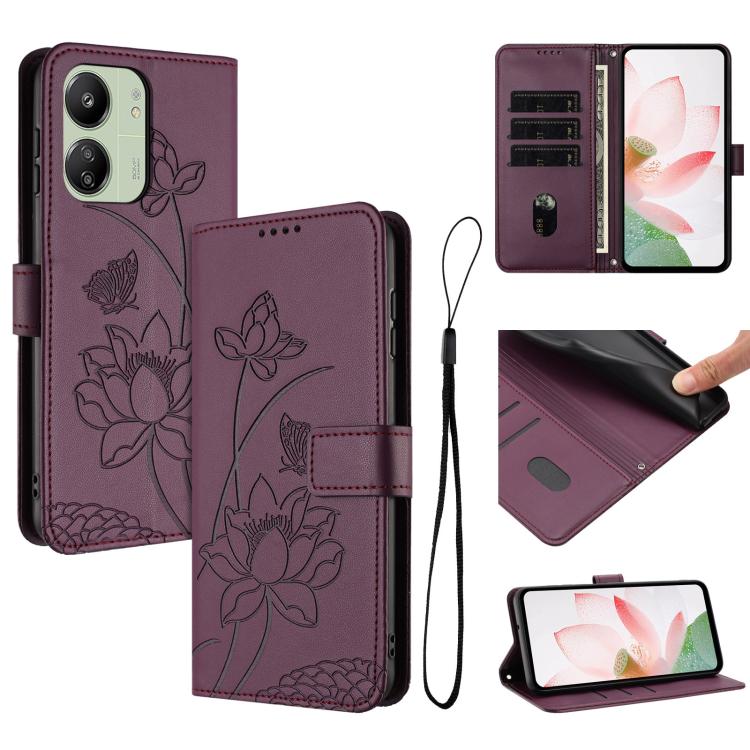 Lotus Embossed Leather Phone Case with Lanyard, For Redmi Note 13 Pro 4G / Note 14S 4G Global, For Redmi Note 14 4G EU 164.84mm, For Redmi Note 14 Pro 5G / 14 Pro+ 5G Global, For Redmi Note 14 5G Global / Poco M7 Pro 5G, For Redmi Turbo 4 Pro / Poco F5...