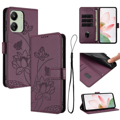 Lotus Embossed Leather Phone Case with Lanyard, For Redmi Note 13 Pro 4G / Note 14S 4G Global, For Redmi Note 14 4G EU 164.84mm, For Redmi Note 14 Pro 5G / 14 Pro+ 5G Global, For Redmi Note 14 5G Global / Poco M7 Pro 5G, For Redmi Turbo 4 Pro / Poco F5...