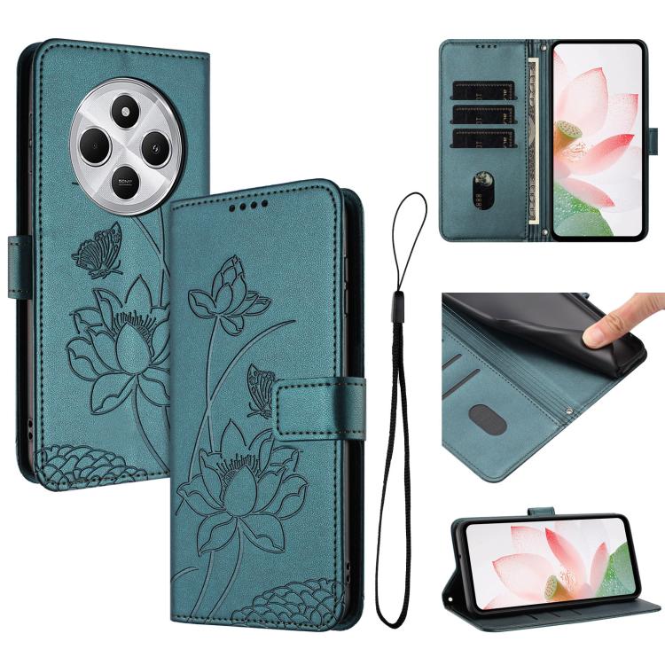 Lotus Embossed Leather Phone Case with Lanyard, For Redmi Note 13 Pro 4G / Note 14S 4G Global, For Redmi Note 14 4G EU 164.84mm, For Redmi Note 14 Pro 5G / 14 Pro+ 5G Global, For Redmi Note 14 5G Global / Poco M7 Pro 5G, For Redmi Turbo 4 Pro / Poco F5...