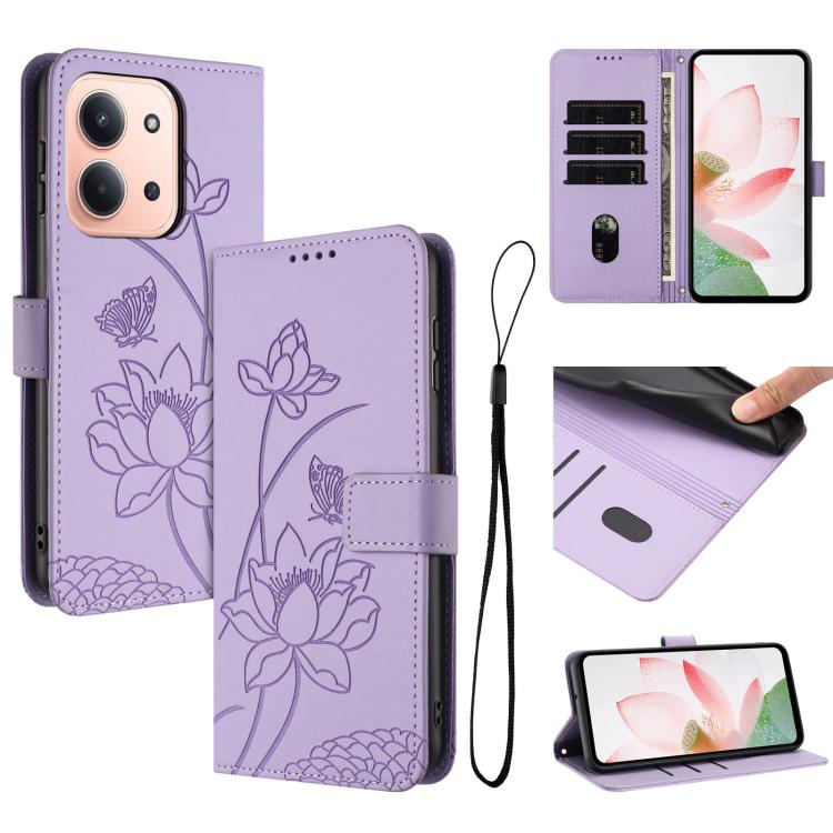 Lotus Embossed Leather Phone Case with Lanyard, For Redmi 15 5G / 4G EU 171mm, For Redmi 15C 5G/4G Global 171mm / Poco C85 4G, For Redmi 13 4G / 5G / Note 13R / Poco M6 4G, For Redmi A5 4G 171.7mm / Poco C71 4G                                          ...
