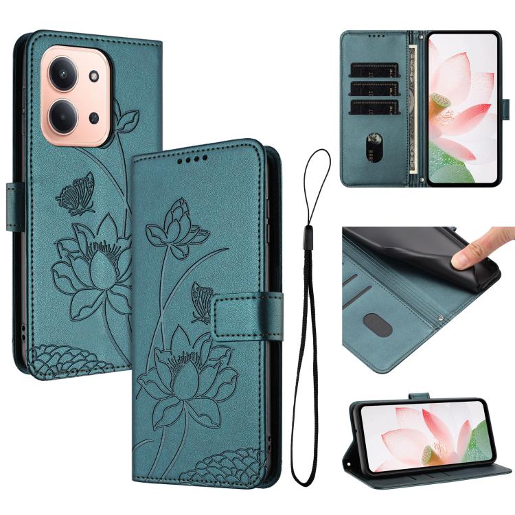 Lotus Embossed Leather Phone Case with Lanyard, For Redmi 15 5G / 4G EU 171mm, For Redmi 15C 5G/4G Global 171mm / Poco C85 4G, For Redmi 13 4G / 5G / Note 13R / Poco M6 4G, For Redmi A5 4G 171.7mm / Poco C71 4G                                          ...