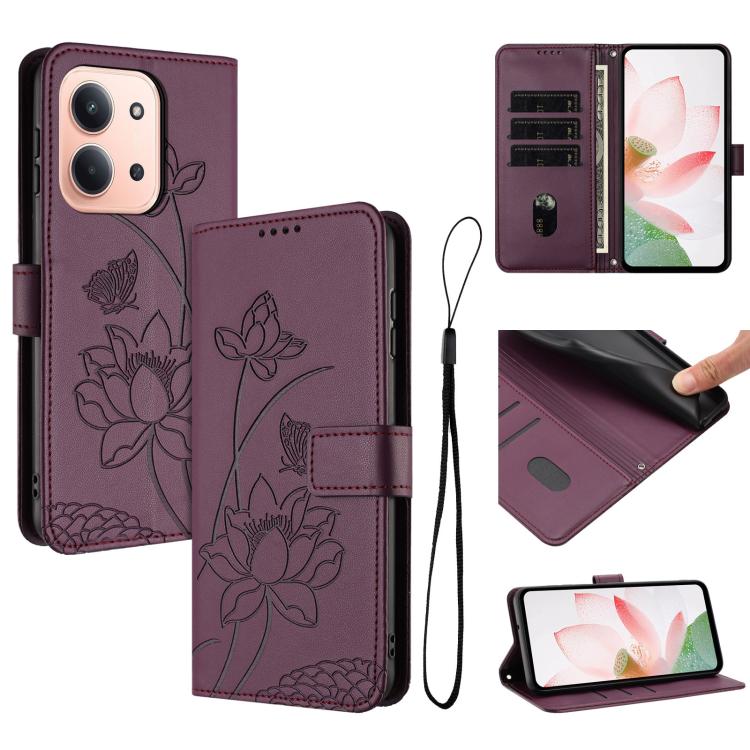 Lotus Embossed Leather Phone Case with Lanyard, For Redmi 15 5G / 4G EU 171mm, For Redmi 15C 5G/4G Global 171mm / Poco C85 4G, For Redmi 13 4G / 5G / Note 13R / Poco M6 4G, For Redmi A5 4G 171.7mm / Poco C71 4G                                          ...