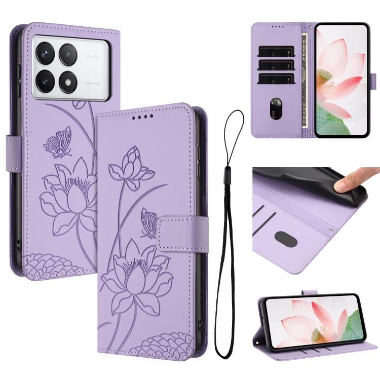Lotus Embossed Leather Phone Case with Lanyard, For Redmi Note 13 4G Global, For Redmi K70E / Poco  X6 Pro, For Redmi Note 13 Pro 5G Global / Poco X6, For Redmi Note 13 5G Global, For Redmi Note 13 Pro+ Global                                           ...