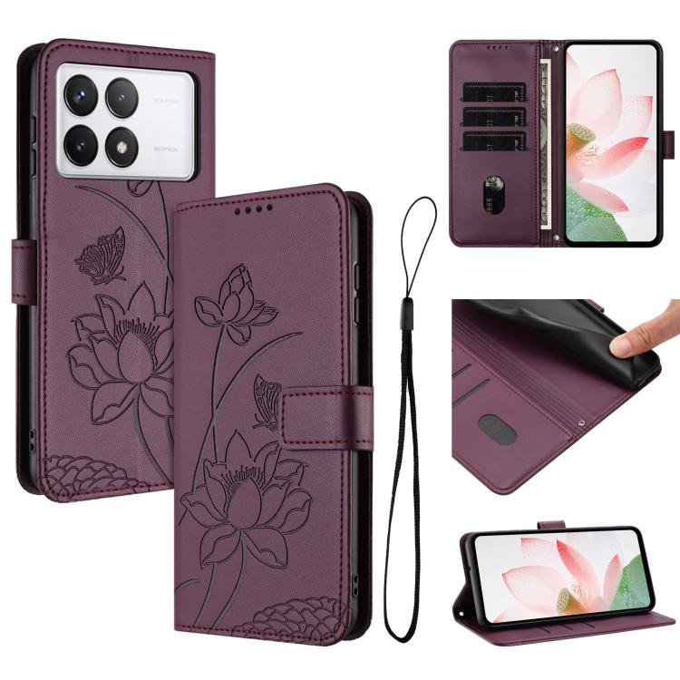 Lotus Embossed Leather Phone Case with Lanyard, For Redmi Note 13 4G Global, For Redmi K70E / Poco  X6 Pro, For Redmi Note 13 Pro 5G Global / Poco X6, For Redmi Note 13 5G Global, For Redmi Note 13 Pro+ Global                                           ...