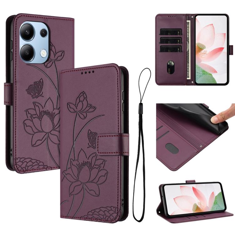 Lotus Embossed Leather Phone Case with Lanyard, For Redmi Note 13 4G Global, For Redmi K70E / Poco  X6 Pro, For Redmi Note 13 Pro 5G Global / Poco X6, For Redmi Note 13 5G Global, For Redmi Note 13 Pro+ Global                                           ...