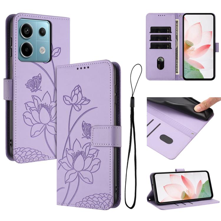 Lotus Embossed Leather Phone Case with Lanyard, For Redmi Note 13 4G Global, For Redmi K70E / Poco  X6 Pro, For Redmi Note 13 Pro 5G Global / Poco X6, For Redmi Note 13 5G Global, For Redmi Note 13 Pro+ Global                                           ...