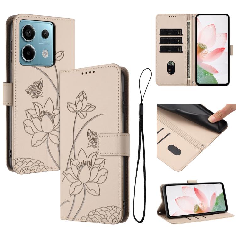 Lotus Embossed Leather Phone Case with Lanyard, For Redmi Note 13 4G Global, For Redmi K70E / Poco  X6 Pro, For Redmi Note 13 Pro 5G Global / Poco X6, For Redmi Note 13 5G Global, For Redmi Note 13 Pro+ Global                                           ...