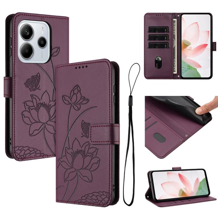 Lotus Embossed Leather Phone Case with Lanyard, For Redmi Note 13 Pro 4G / Note 14S 4G Global, For Redmi Note 14 4G EU 164.84mm, For Redmi Note 14 Pro 5G / 14 Pro+ 5G Global, For Redmi Note 14 5G Global / Poco M7 Pro 5G, For Redmi Turbo 4 Pro / Poco F5...