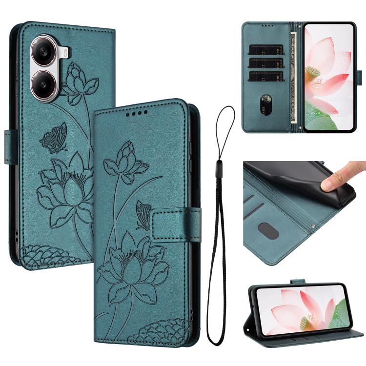 Lotus Embossed Leather Phone Case with Lanyard, For Redmi Note 13 Pro 4G / Note 14S 4G Global, For Redmi Note 14 4G EU 164.84mm, For Redmi Note 14 Pro 5G / 14 Pro+ 5G Global, For Redmi Note 14 5G Global / Poco M7 Pro 5G, For Redmi Turbo 4 Pro / Poco F5...