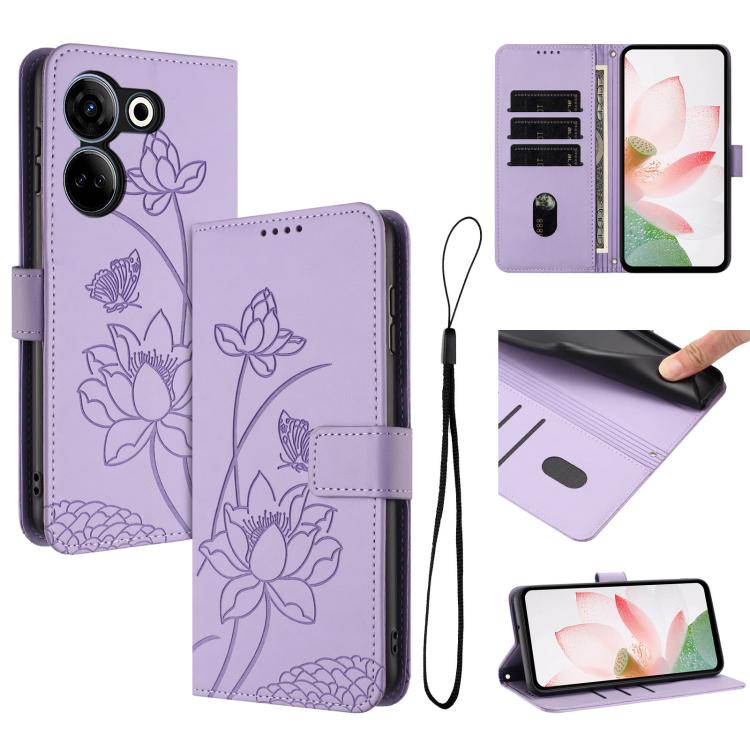 Lotus Embossed Leather Phone Case with Lanyard, For Tecno Spark 20 Pro+ 4G, For Tecno Spark Go 2024, For Tecno Pova 5 Pro, For Tecno Pova Neo 3, For Tecno Pova 5, For Tecno Camon 20 Premier, For Tecno Camon 20 Pro 5G, For Tecno Camon 20 / 20 Pro 4G    ...