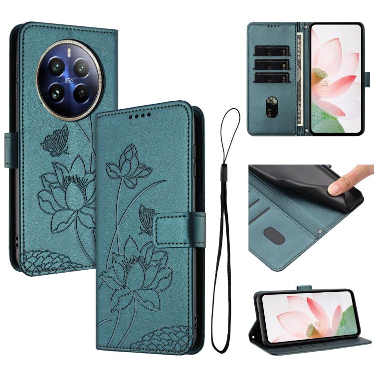 Lotus Embossed Leather Phone Case with Lanyard, For Realme 12 5G / 13 5G / 12x 5G Global, For Realme C63 / C61 / Note 60, For Realme 13+ 5G Global, For Realme 12+ 5G / 12 4G / P1 5G Global, For Realme C67 4G Global / 12 Lite 4G                         ...