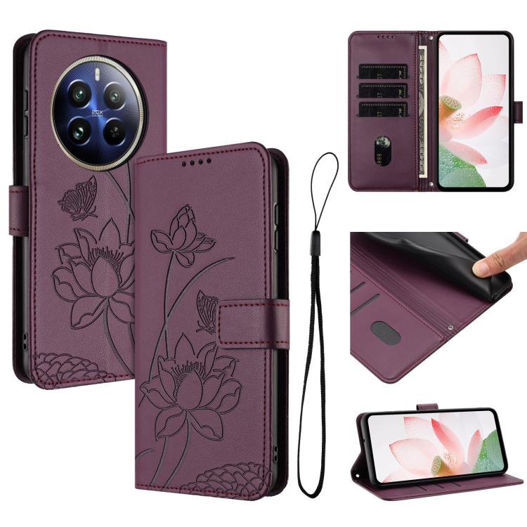 Lotus Embossed Leather Phone Case with Lanyard, For Realme 12 5G / 13 5G / 12x 5G Global, For Realme C63 / C61 / Note 60, For Realme 13+ 5G Global, For Realme 12+ 5G / 12 4G / P1 5G Global, For Realme C67 4G Global / 12 Lite 4G                         ...