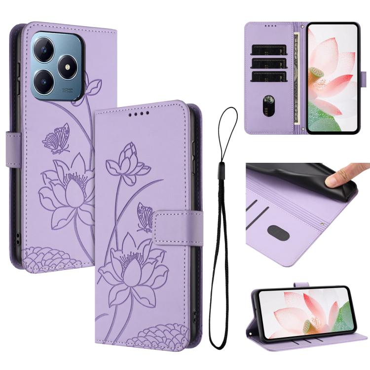 Lotus Embossed Leather Phone Case with Lanyard, For Realme 12 5G / 13 5G / 12x 5G Global, For Realme C63 / C61 / Note 60, For Realme 13+ 5G Global, For Realme 12+ 5G / 12 4G / P1 5G Global, For Realme C67 4G Global / 12 Lite 4G                         ...