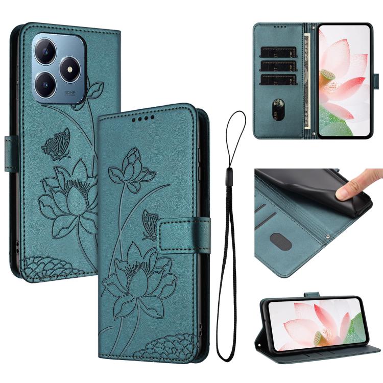 Lotus Embossed Leather Phone Case with Lanyard, For Realme 12 5G / 13 5G / 12x 5G Global, For Realme C63 / C61 / Note 60, For Realme 13+ 5G Global, For Realme 12+ 5G / 12 4G / P1 5G Global, For Realme C67 4G Global / 12 Lite 4G                         ...
