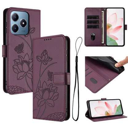 Lotus Embossed Leather Phone Case with Lanyard, For Realme 12 5G / 13 5G / 12x 5G Global, For Realme C63 / C61 / Note 60, For Realme 13+ 5G Global, For Realme 12+ 5G / 12 4G / P1 5G Global, For Realme C67 4G Global / 12 Lite 4G                         ...