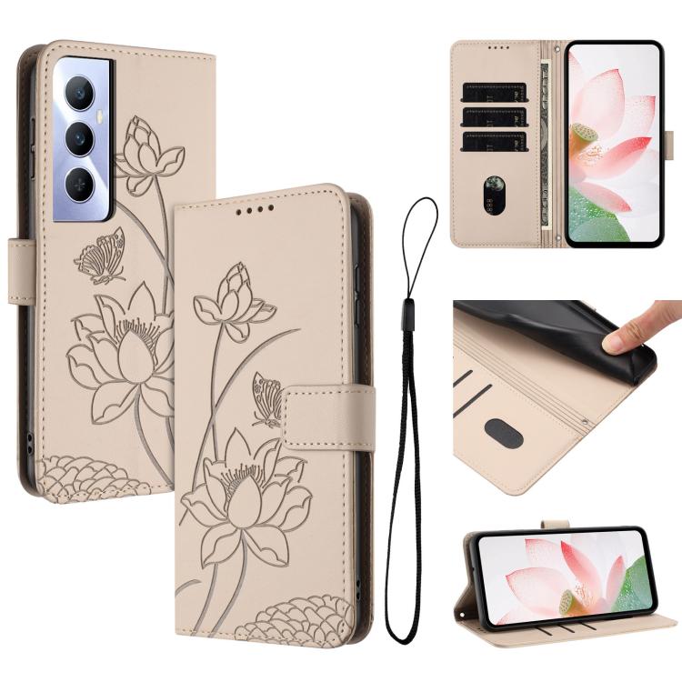 Lotus Embossed Leather Phone Case with Lanyard, For Realme 12 5G / 13 5G / 12x 5G Global, For Realme C63 / C61 / Note 60, For Realme 13+ 5G Global, For Realme 12+ 5G / 12 4G / P1 5G Global, For Realme C67 4G Global / 12 Lite 4G                         ...