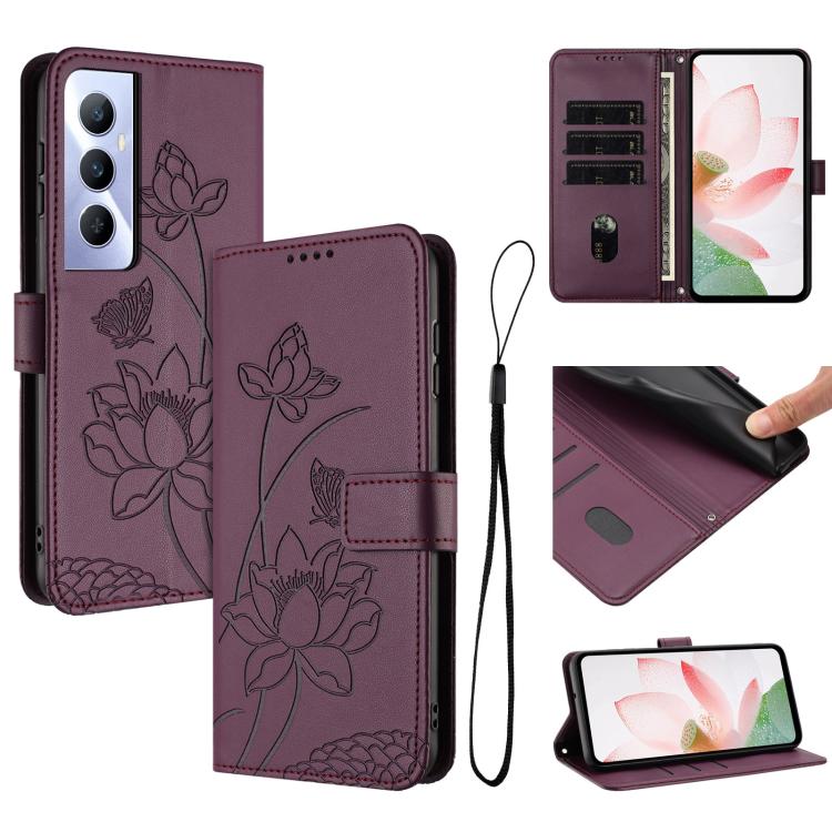 Lotus Embossed Leather Phone Case with Lanyard, For Realme 12 5G / 13 5G / 12x 5G Global, For Realme C63 / C61 / Note 60, For Realme 13+ 5G Global, For Realme 12+ 5G / 12 4G / P1 5G Global, For Realme C67 4G Global / 12 Lite 4G                         ...