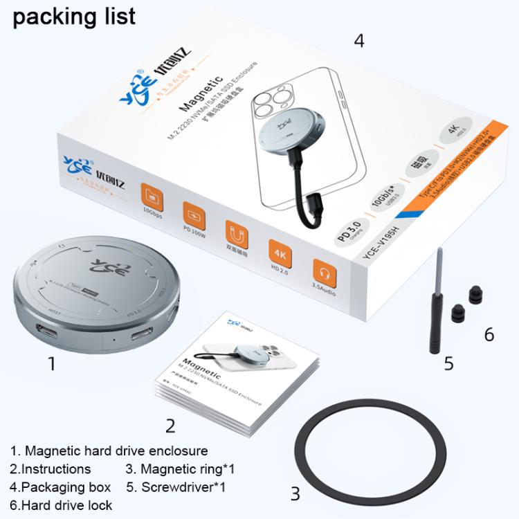 YCE-V195H USB-C / Type-C to PD3.0, HD2.0, USB3.2, 3.5mm, M.2 NVMe Magnetic Hard Drive Enclosure, YCE-V195H