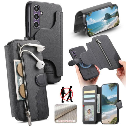Twill Fabric MagSafe RFID Anti-theft Zipper Wallet Leather Phone Case, For Galaxy S26 FE 5G, For Galaxy S26+ 5G, For Galaxy S26 Ultra 5G, For Galaxy S25 FE 5G, For Galaxy S25 Edge 5G, For Galaxy S25 5G, For Galaxy S25+ 5G, For Galaxy S24 FE 5G         ...