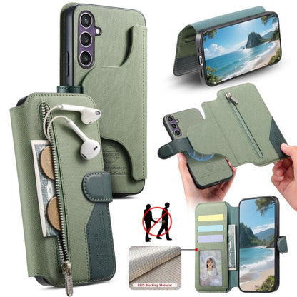 Twill Fabric MagSafe RFID Anti-theft Zipper Wallet Leather Phone Case, For Galaxy S26 FE 5G, For Galaxy S26+ 5G, For Galaxy S26 Ultra 5G, For Galaxy S25 FE 5G, For Galaxy S25 Edge 5G, For Galaxy S25 5G, For Galaxy S25+ 5G, For Galaxy S24 FE 5G         ...