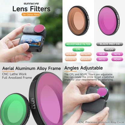 For DJI Osmo Nano Sunnylife Camera Lens Filter, Black Mist 1/4, CPL, MCUV, ND8, ND16, ND32, ND64, ND8PL, ND16PL, ND32PL, ND64PL, 3 in 1 Light Shadow, 3 in 1 Mixed Filter, 4 in 1 Mixed Filter, 4 in 1 ND, 4 in 1 NDPL, 6 in 1 Mixed Filter