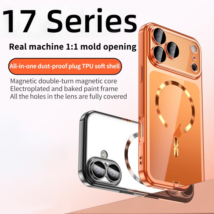 Plating Paint TPU MagSafe Phone Case with Dust Plug & Lens Film, For iPhone 16 Pro Max, For iPhone 16 Pro, For iPhone 16, For iPhone 15 Pro Max, For iPhone 15 Pro, For iPhone 15