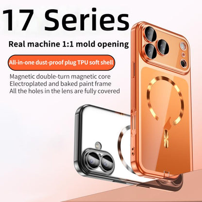 Plating Paint TPU MagSafe Phone Case with Dust Plug & Lens Film, For iPhone 16 Pro Max, For iPhone 16 Pro, For iPhone 16, For iPhone 15 Pro Max, For iPhone 15 Pro, For iPhone 15