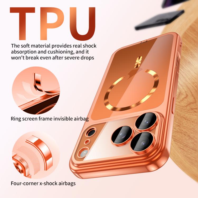 Plating Paint TPU MagSafe Phone Case with Dust Plug & Lens Film, For iPhone 16 Pro Max, For iPhone 16 Pro, For iPhone 16, For iPhone 15 Pro Max, For iPhone 15 Pro, For iPhone 15