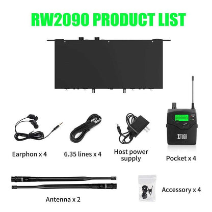 XTUGA RW2090 Professional Stage Wireless 2 Channel In Ear Monitoring System 4 in 1, US Plug, EU Plug, AU Plug, UK Plug