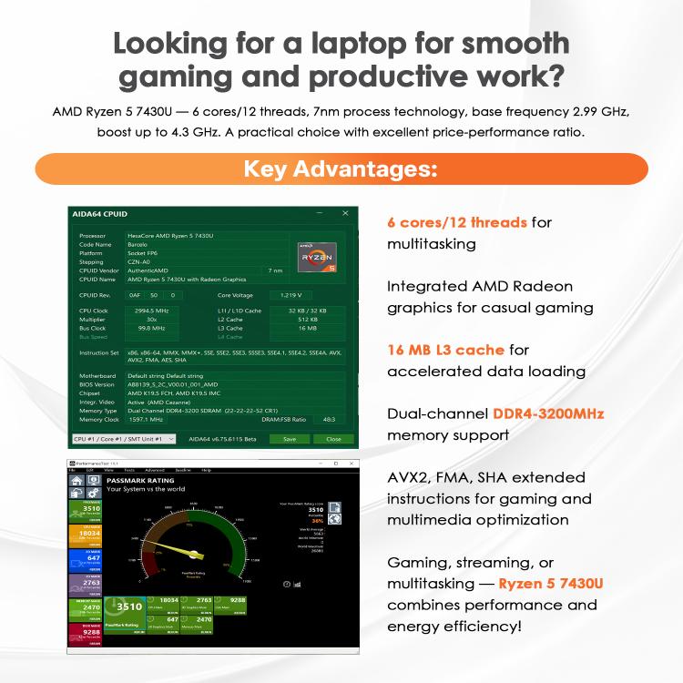 GXMO T160 16 inch Windows 11 Laptop, 16GB+512GB, AMD Ryzen 5 7430U Hexa Core Processor, EU Plug, US Plug, UK Plug, AU Plug