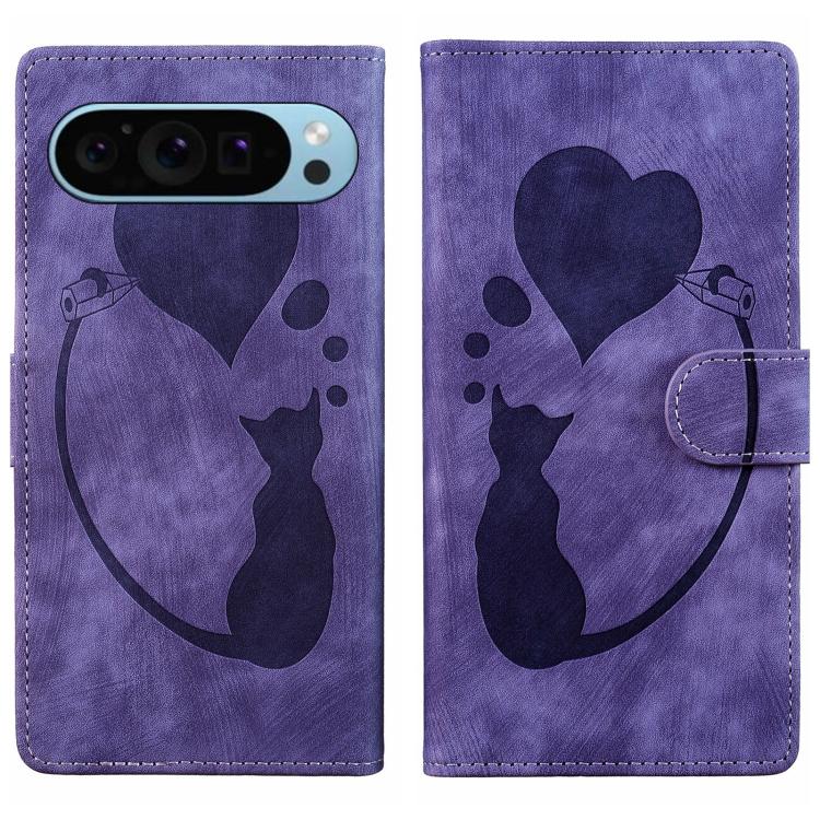 Pen Heart Cat Embossed Leather Phone Case, For Google Pixel 11 Pro XL, For Google Pixel 11 / 11 Pro, For Google Pixel 10a, For Google Pixel 9 Pro XL / 10 Pro XL, For Google Pixel 9 / 10 Pro