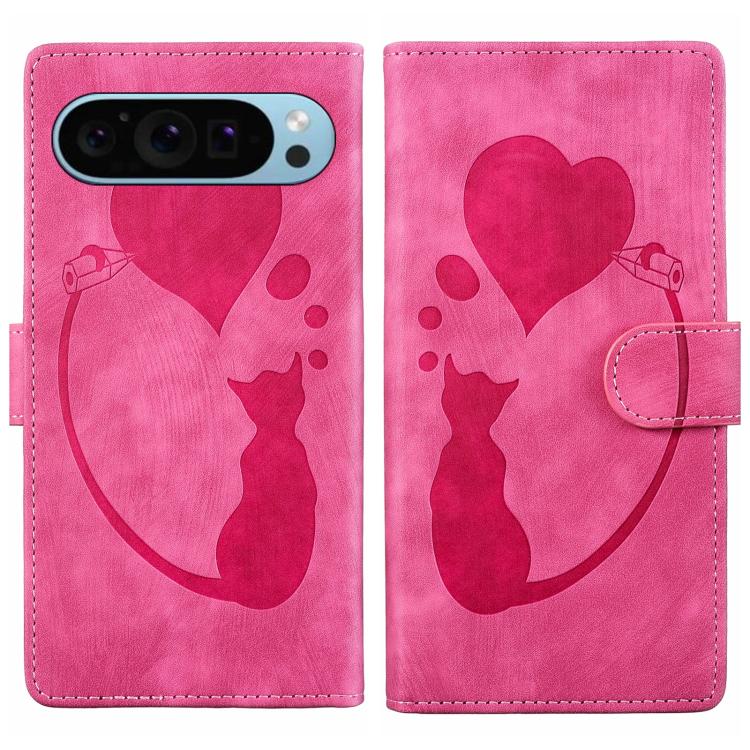 Pen Heart Cat Embossed Leather Phone Case, For Google Pixel 11 Pro XL, For Google Pixel 11 / 11 Pro, For Google Pixel 10a, For Google Pixel 9 Pro XL / 10 Pro XL, For Google Pixel 9 / 10 Pro