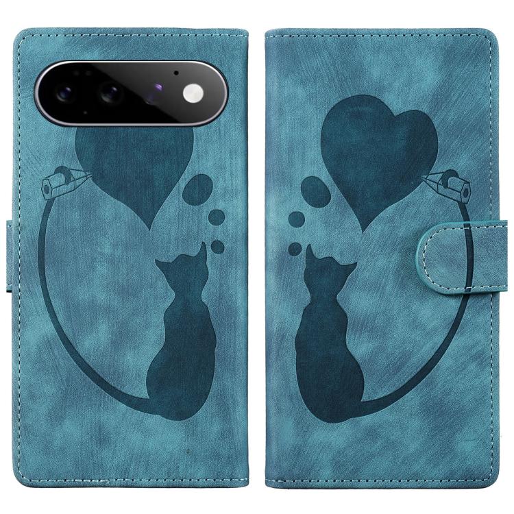 Pen Heart Cat Embossed Leather Phone Case, For Google Pixel 11 Pro XL, For Google Pixel 11 / 11 Pro, For Google Pixel 10a, For Google Pixel 9 Pro XL / 10 Pro XL, For Google Pixel 9 / 10 Pro