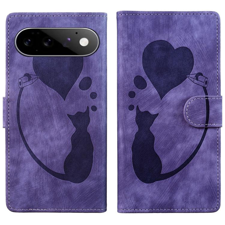 Pen Heart Cat Embossed Leather Phone Case, For Google Pixel 11 Pro XL, For Google Pixel 11 / 11 Pro, For Google Pixel 10a, For Google Pixel 9 Pro XL / 10 Pro XL, For Google Pixel 9 / 10 Pro